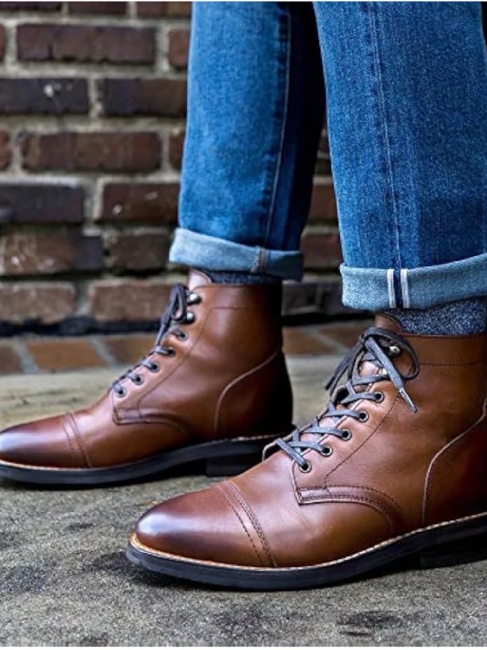 THURSDAY BOOT CO. "Captain" Cap-Toe Lace-Up Leather Boots in Brandy EUC/sz 13